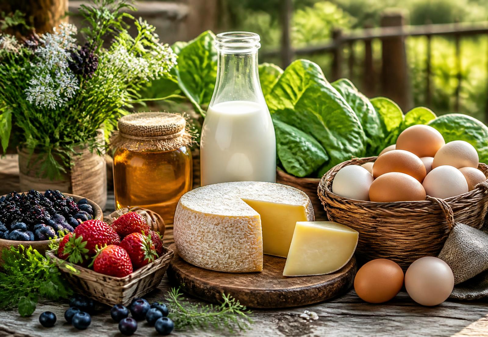 Farm produce on a wooden table: milk, eggs, cheese, honey and berries